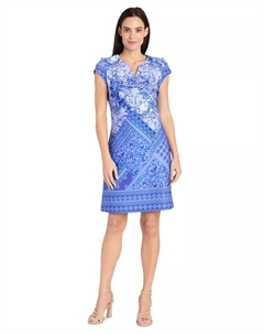 Мини-платье с принтом и разрезом на горловине, с короткими рукавами Petite Printed Split-Neck Cap-Sleeve Dress, синий R&m richards