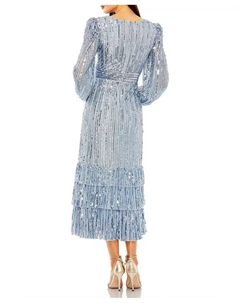 Женское платье с длинным рукавом, глубоким V-вырезом, ярусами и рюшами из пайеток, синий Mac duggal