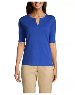 Женская блузка из хлопка и полиэстера Modern с коротким рукавом и разрезом на горловине, синий Lands' end