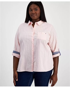 Женская хлопковая рубашка с полосками и манжетами на пуговицах Plus Size, розовый Tommy hilfiger