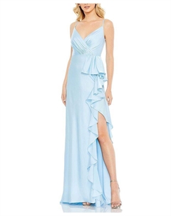 Платье-сатин с V-образным вырезом и тонкими бретелями, синий Mac duggal