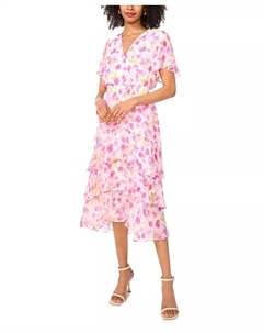 Женское платье миди с завышенной талией, сборками, V-образным вырезом и ярусами, мультиколор Vince camuto