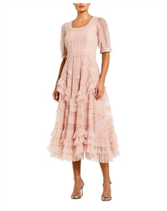 Короткий рукав, сетчатое платье миди с микрооборками, розовый Mac duggal
