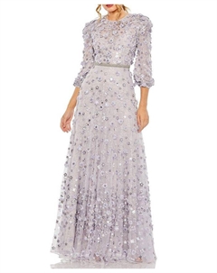 Платье-трапеция с высоким воротником, пышными рукавами и цветочной аппликацией, фиолетовый Mac duggal