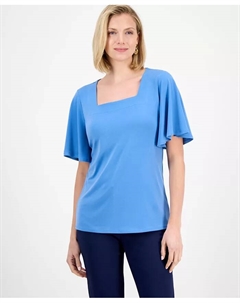 Женская блузка с квадратным вырезом и расклешенными рукавами из крепа, синий Jm collection