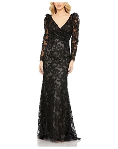 Вышитое кружевное платье с запахом и пышными рукавами, черный Mac duggal