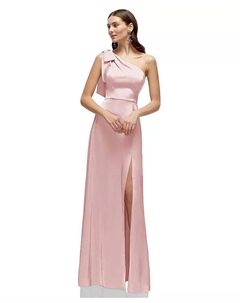 Женское платье макси из струящегося атласа с бантом и асимметричным вырезом на одно плечо и пышной юбкой, розовый After  six