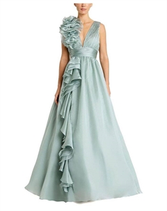 Платье из шифона с V-образным вырезом и рюшами на плечах, зеленый Mac duggal