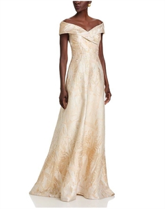 Металлизированное жаккардовое платье с открытыми плечами, золотой Teri jon by rickie freeman