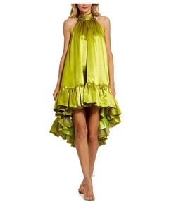 Мини-платье из сатина с высоким воротником и вырезом-ключом, зеленый Mac duggal