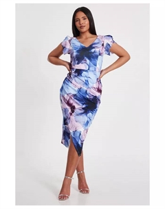 Женское облегающее миди-платье Scuba с цветочным принтом и рукавами-колокольчиками, синий Quiz