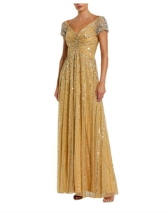 Полосатое блестящее платье из сетки с бисерными плечами, золотой Mac duggal