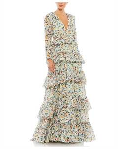 Цветочное платье с ярусами и рюшами на длинных рукавах, мультиколор Mac duggal