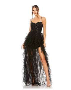 Женское мини-платье Ieena с пайетками и многоярусным рюшем с эффектом "высоко-низко" и шлейфом, черный Mac duggal