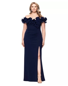Вечернее платье плюс сайз с рюшами и разрезом сбоку, синий Xscape