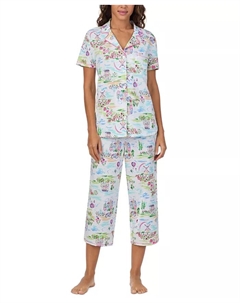 Женский укороченный комплект пижамы с воротником и принтом, белый Cuddl duds