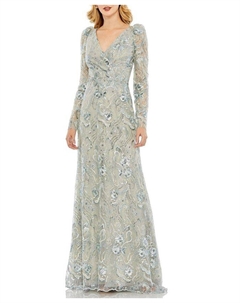 Вышитое платье-труба с запахом и пышными рукавами, зеленый Mac duggal