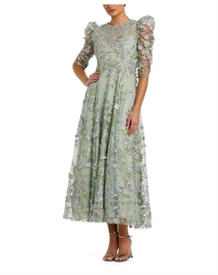 Платье-трапеция с аппликацией, высоким воротником и пышными рукавами, зеленый Mac duggal