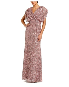 Платье с драпированными рукавами, сборкой на талии и V-образным вырезом, фиолетовый Mac duggal