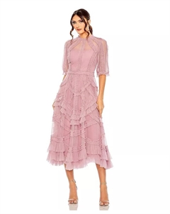 Женское платье с высоким воротником, пышными рукавами и ярусами из рюш, розовый Mac duggal