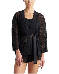 Пионовое кружевное запахивающееся халат, черный Natori
