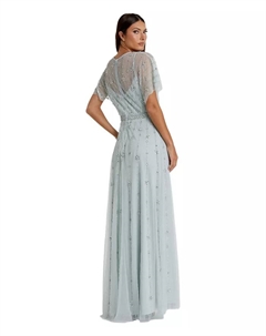 Женское платье А-силуэта с V-образным вырезом, декорированное и с расклешенными рукавами, зеленый Mac duggal