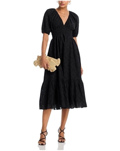 Платье миди с V-образным вырезом и ажурными вставками - эксклюзив, черный Aqua