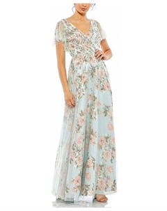 Украшенное цветочное платье с прозрачными воланами на рукавах и расшитым бисером поясом, синий Mac duggal