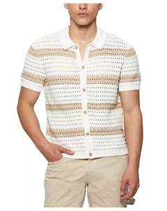 Мужской джемпер Joshua в свободном крое с короткими рукавами, на пуговицах, в полоску, белый Guess