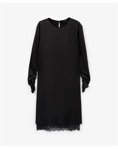 Платье прямое миди из шелковистой фактурной ткани с кружевом черное Glvr