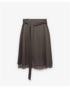 Юбка средней посадки из шелковистой фактурной ткани с кружевом оливковая Glvr