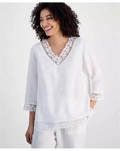 Миниатюрная льняная туника с V-образным вырезом и кружевной отделкой, белый Charter club
