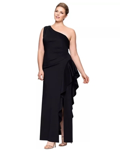 Платье с каскадными складками на одно плечо Plus Size, черный Xscape