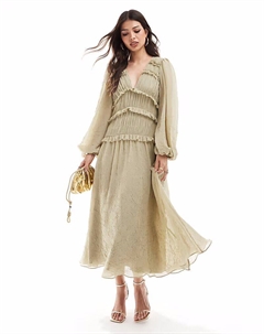 Платье миди с глубоким вырезом и оборками оливкового цвета Asos design