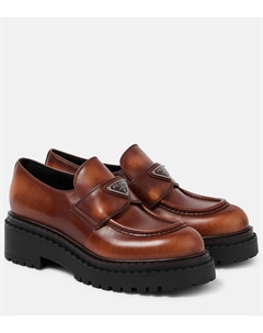 Кожаные лоферы на платформе с логотипом, Cognac Prada