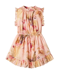 Платье Rhiannon из хлопка с цветочным принтом и рюшами, Pink Palm Floral Zimmermann kids