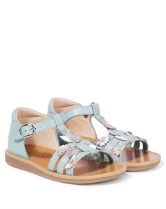 Кожаные сандалии с аппликацией в виде маков, Nappa Light Green - Multi Pom d'api
