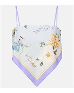 Льняной и хлопковый укороченный топ с цветочным принтом, синий Self-portrait