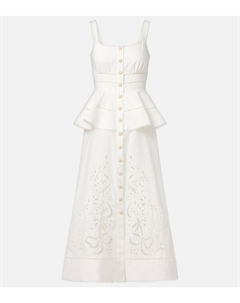 Льняное и хлопковое платье миди с баской, кремовый Self-portrait