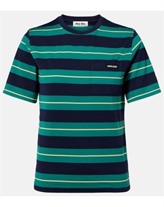 Футболка из полосатого хлопкового джерси с логотипом, Biliardo+Blu Miu miu
