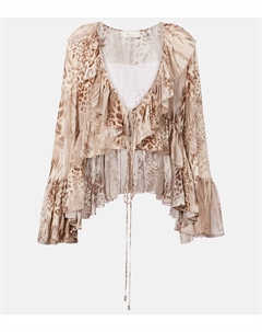 Шифоновый топ с рюшами и леопардовым принтом, Chalk/Bear Brown Blumarine