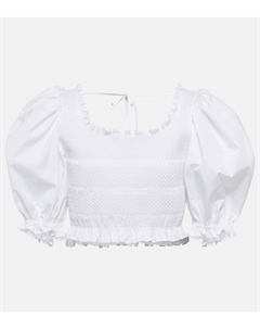 Короткий топ из хлопкового поплина со сборкой, белый Miu miu