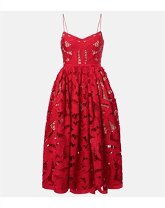 Льняное и хлопковое платье миди с бантом, красный Self-portrait