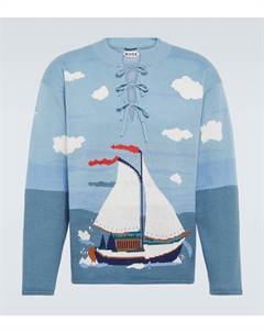 Свитер из хлопкового жаккарда с передником и бантом, Cream Multi Bode