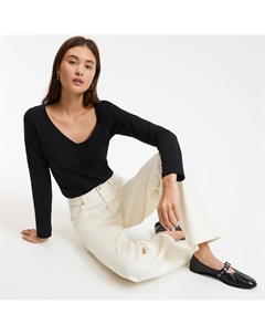 Хлопковая футболка V-образный вырез длинные рукава черный La redoute collections