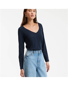 Хлопковая футболка V-образный вырез длинные рукава синий La redoute collections