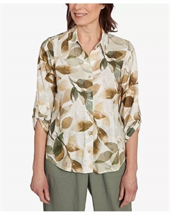 Женский вязаный топ Petite Copper Canyon с листочками и отложным воротником на пуговицах, зеленый Alfred dunner