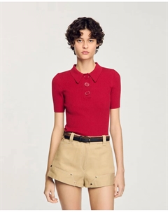 Женский джемпер из рубчатого трикотажа с воротником поло, красный Sandro