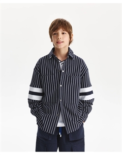 Рубашка с длинным рукавом трикотажная для мальчика в полоску с принтом синяя Gulliver