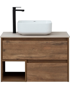 Тумба под раковину со столешницей Карлстад 75 дуб рустикальный, простоун беж, с отверстием для смесителя Stworki